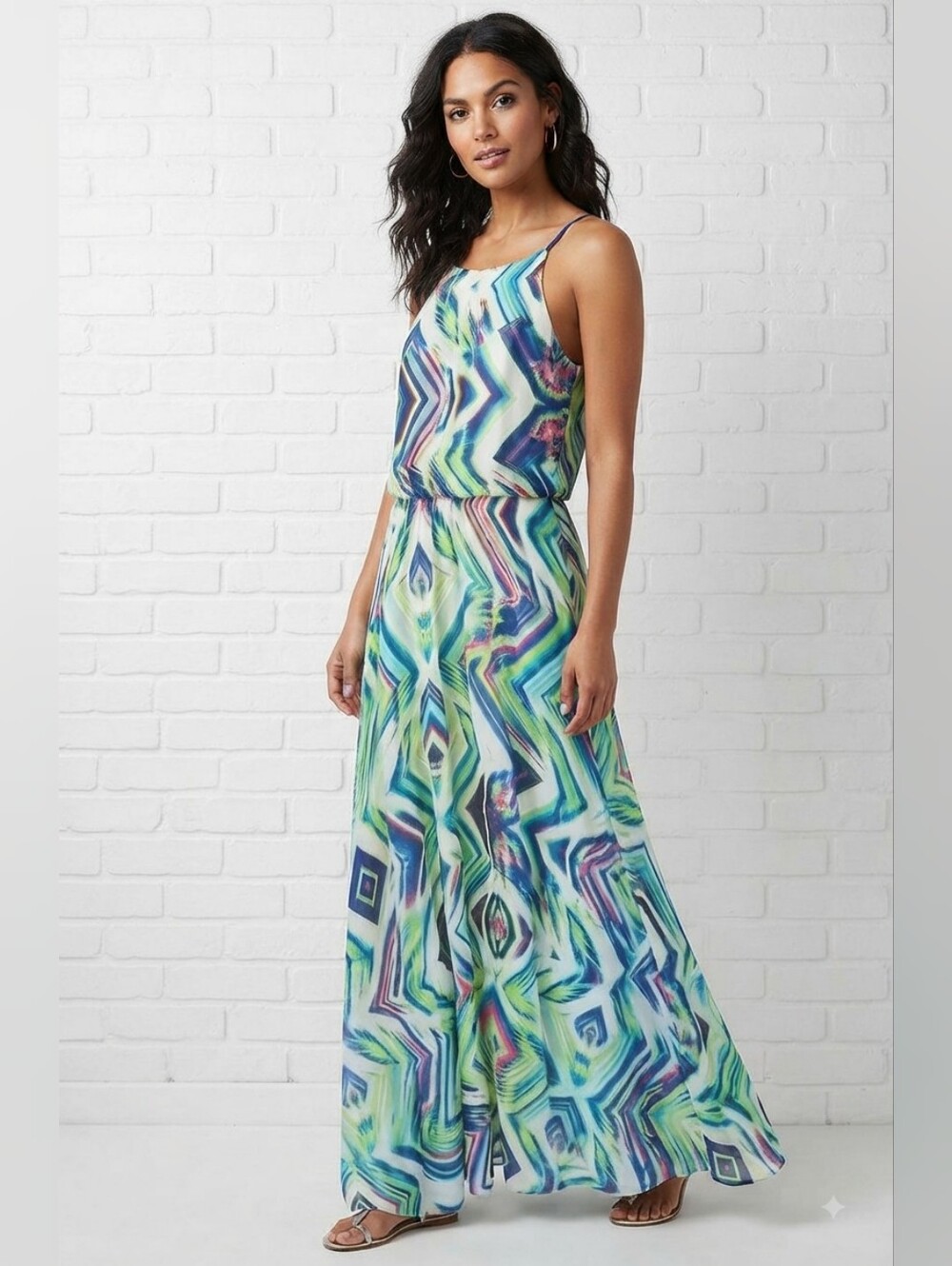 Kut from the Kloth Halter Maxi Dress in Blue, Green & White Geometric Print